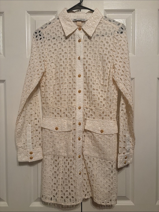 Zara Dresses & Skirts - Zara Cream Eyelet Lace Long-Sleeve Shirt Dress with Gold Buttons
